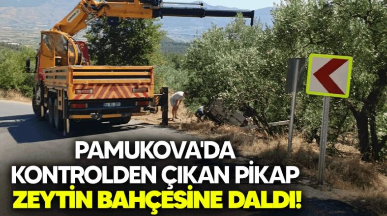 Pamukova’da kontrolden çıkan pikap zeytin bahçesine daldı!