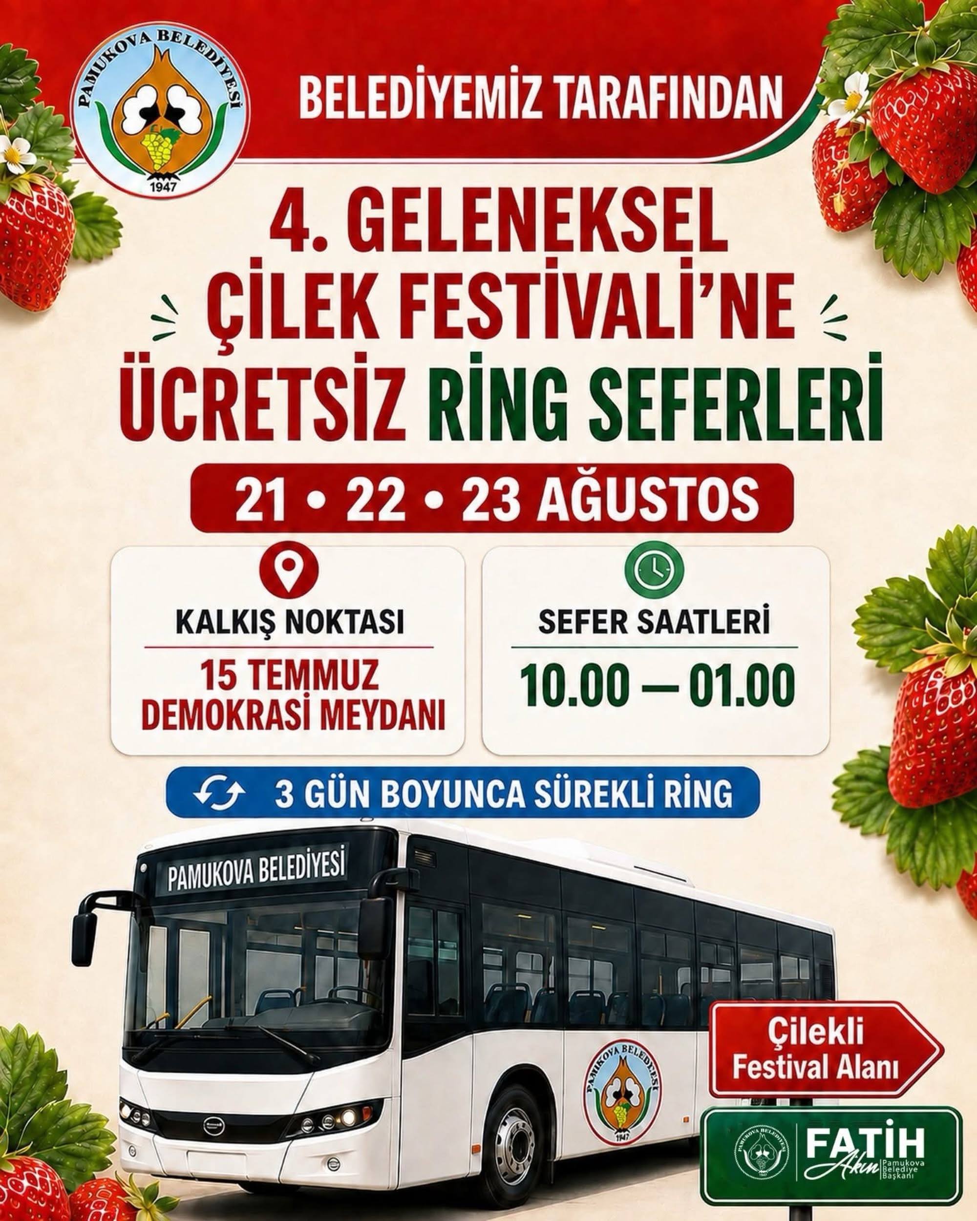 Pamukova Belediyesi’nden Çilek Festivali İçin Ücretsiz Ring Seferleri…